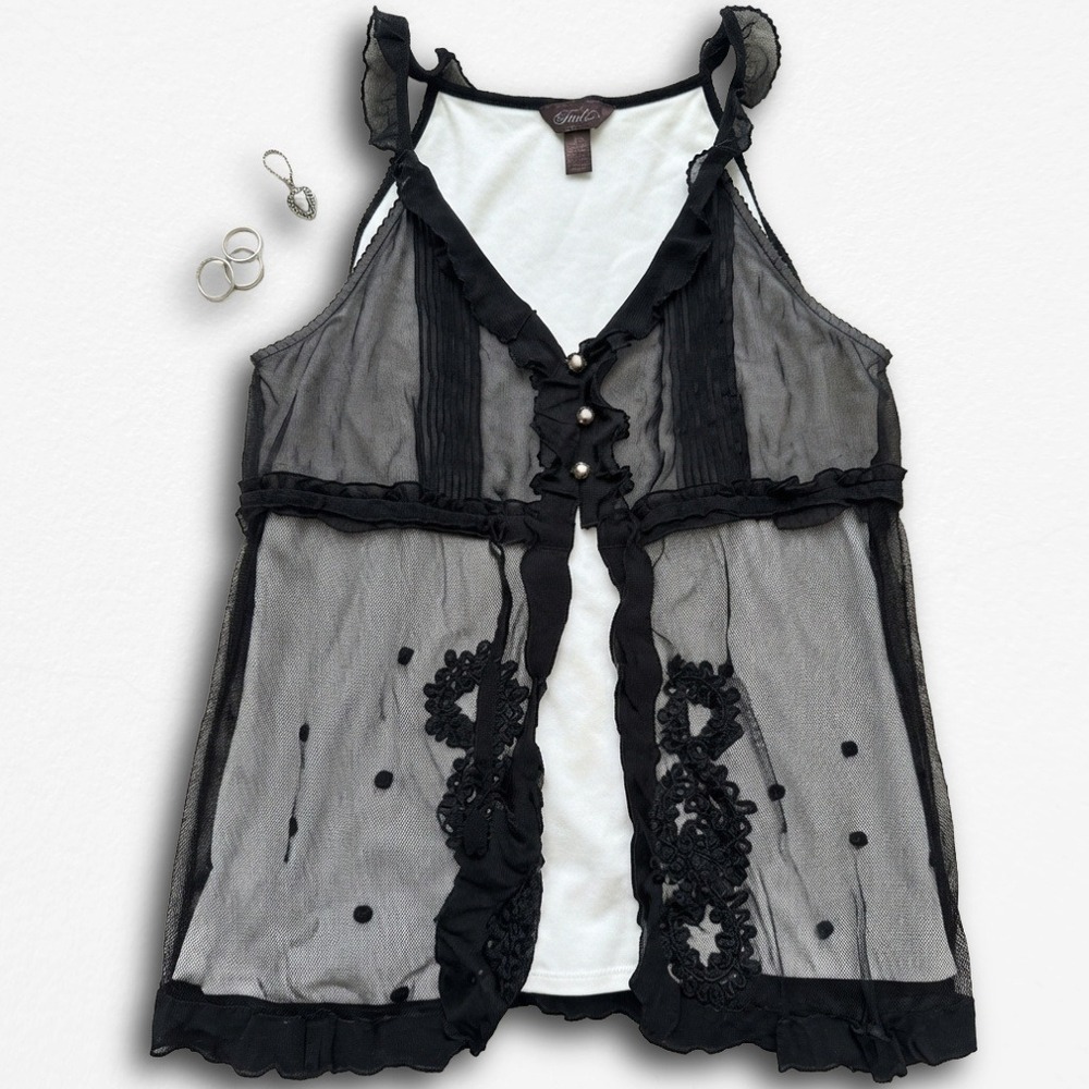 Trulli Women Black Sheer Mesh Layered Tank Top Ruffle Floral Embroidered XL